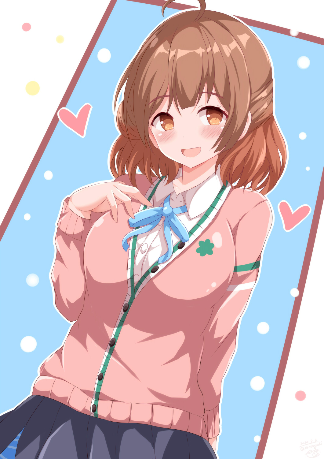 1girl :d ahoge black_skirt blue_ribbon blush breasts brown_eyes brown_hair cardigan collared_shirt commentary_request dress_shirt gakuen_idolmaster hanami_ume hand_up heart highres idolmaster looking_at_viewer medium_breasts neck_ribbon open_mouth outline pink_cardigan pleated_skirt ribbon school_uniform shirt skirt smile solo white_outline white_shirt xenon_(for_achieve)