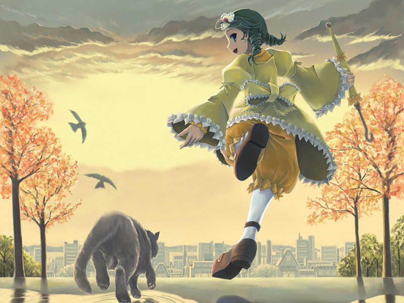 1girl archived_source bird bloomers cat cityscape closed_umbrella commentary_request dress drill_hair frilled_dress frilled_sleeves frills from_behind full_body green_eyes kanaria open_mouth outdoors puddle rozen_maiden running sky smile solo tree twilight twin_drills twoirons umbrella underwear yellow_dress