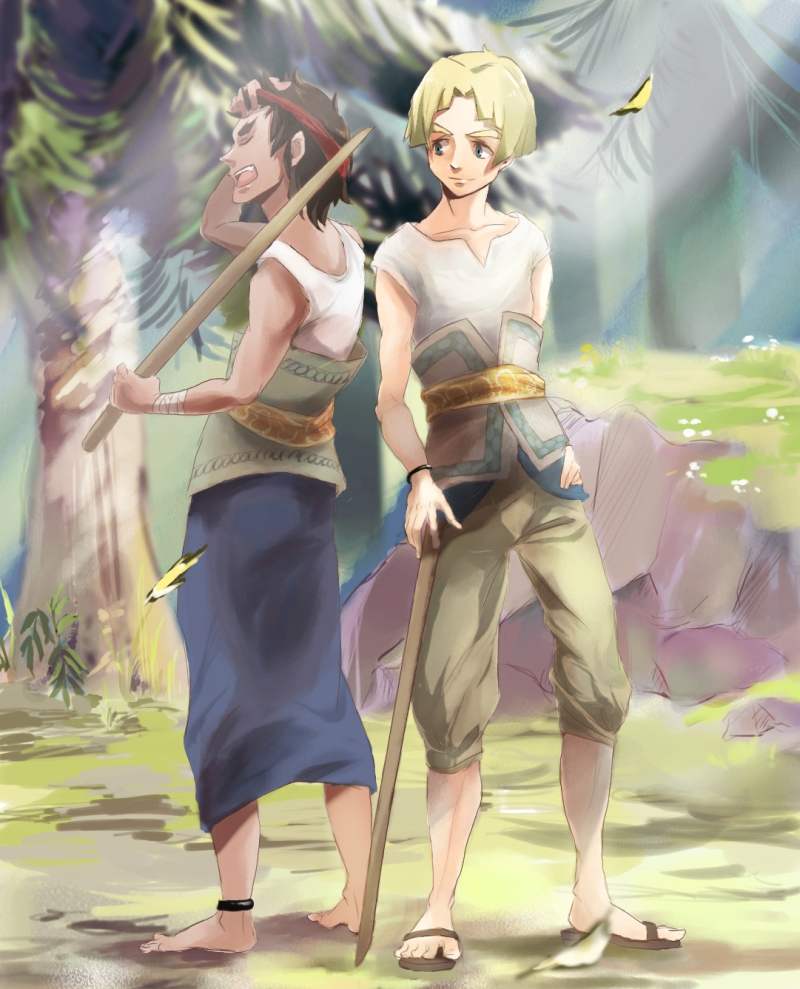 2boys anklet barefoot belt blonde_hair brown_hair colin forest haikibustu headband jewelry multiple_boys nature nintendo aged_up sandals short_hair smile sword talo the_legend_of_zelda the_legend_of_zelda:_twilight_princess weapon wooden_sword wristband