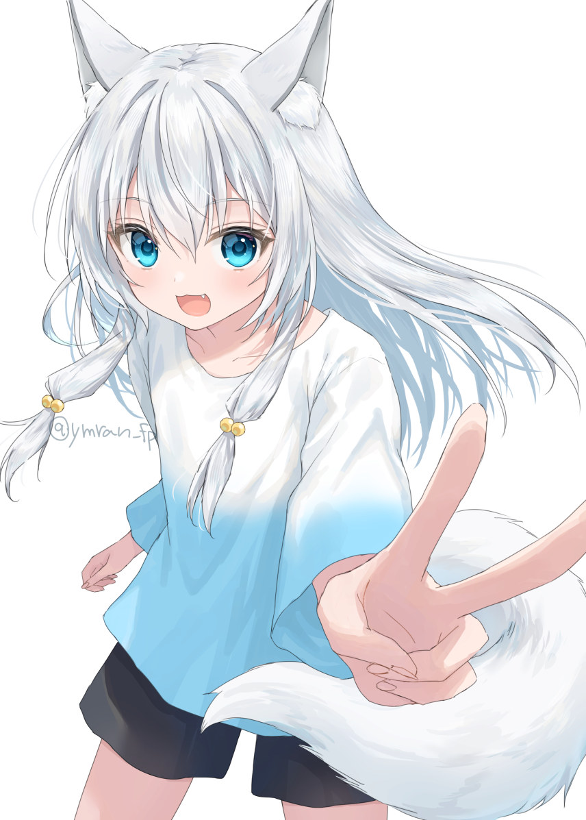 1girl :d animal_ear_fluff animal_ears black_shorts blue_eyes blue_shirt commentary fang fox_ears fox_girl fox_tail gradient_clothes gradient_shirt grey_hair hair_between_eyes long_hair looking_at_viewer open_mouth original outstretched_arm shirt shorts simple_background smile solo standing symbol-only_commentary tail twitter_username very_long_hair white_background white_shirt yumoran