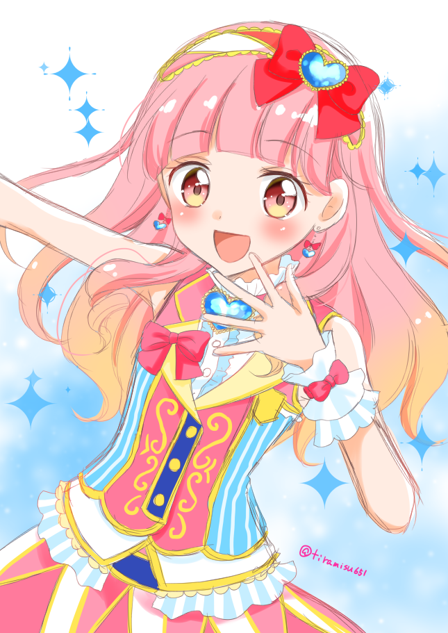 10s 1girl aikatsu!_(series) aikatsu_friends! bow commentary earrings female_focus hair_bow hairband idol_clothes jewelry long_hair looking_at_viewer multicolored_hair orange_hair pink_eyes pink_hair pink_skirt red_bow skirt smile solo tiramisu651 twitter_username wrist_cuffs yellow_eyes yuki_aine