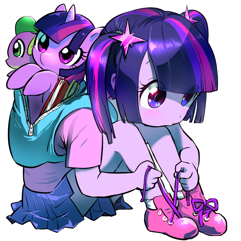 1boy 1girl bag blue_skirt book child colored_skin commentary creature_and_personification dragon english_commentary full_body multicolored_hair my_little_pony my_little_pony:_friendship_is_magic personification pink_hair pink_shirt pony_(animal) purple_eyes purple_hair quizia school_bag shirt shoelaces simple_background skirt spike_(my_little_pony) stuffed_toy twilight_sparkle two_side_up tying_footwear white_background