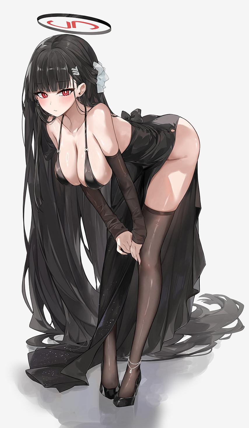 1girl absurdly_long_hair anklet bent_over bikini black_bikini black_bow black_dress black_hair black_halo black_sleeves black_thighhighs blue_archive blush bow breasts bright_pupils closed_mouth dema_hmw dress earrings full_body hair_ornament hairclip halo high_heels highres jewelry large_breasts long_hair looking_at_viewer pumps red_eyes rio_(blue_archive) shoes side_slit solo stiletto_heels swimsuit thighhighs very_long_hair white_pupils