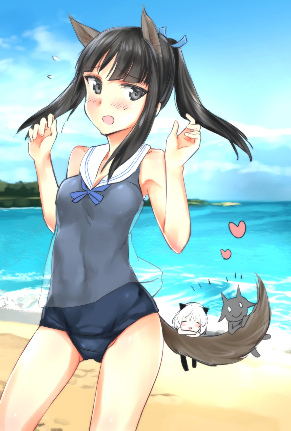 3girls animal_ears aohashi_ame beach black_hair blue_one-piece_swimsuit blue_ribbon blurry blurry_background closed_mouth cloud cloudy_sky commentary cowboy_shot day dog_ears dog_tail female_pervert hair_ribbon hattori_shizuka heart highres long_hair looking_at_viewer mini_person minigirl miyafuji_yoshika multiple_girls one-piece_swimsuit open_mouth outdoors parted_lips pervert ponytail ribbon sanya_v._litvyak see-through_clothes short_hair sidelocks silhouette sky smile strike_witches swimsuit tail world_witches_series