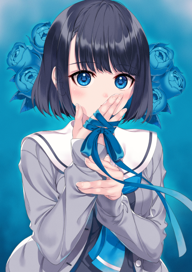 1girl amamiya_chiharu black_hair black_shirt blue_background blue_bow blue_eyes blue_flower blue_rose bow breasts cardigan commentary_request floral_background flower grey_cardigan hand_up long_sleeves looking_at_viewer medium_breasts original puffy_long_sleeves puffy_sleeves rose sailor_collar school_uniform serafuku shirt short_hair sleeves_past_wrists solo upper_body white_sailor_collar