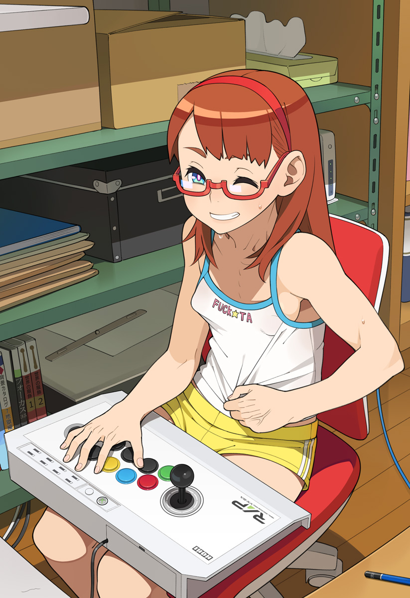 1girl arcade_stick bare_shoulders blue_eyes breasts brown_hair chair controller english_text female_focus game_controller glasses go_robots grin gym_shorts hairband highres hori joystick long_hair no_bra office_chair one_eye_closed original parted_lips playing_games profanity puffy_nipples red-framed_eyewear see-through_clothes semi-rimless_eyewear shorts sideboob sitting small_breasts smile solo sweat swivel_chair tank_top tissue tissue_box under-rim_eyewear wink