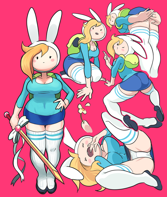 1girl adventure_time adventure_time:_fionna_and_cake animal_hood ass backpack bag black_eyes blonde_hair blue_skirt blush_stickers breasts cleavage closed_eyes commentary covered_navel fionna_campbell gashi-gashi genderswap genderswap_(mtf) hand_on_own_hip holding holding_sword holding_weapon hood large_breasts long_sleeves looking_at_viewer looking_back multiple_views one_eye_closed open_mouth panties pantyshot pink_background rabbit_hood simple_background skirt sword symbol-only_commentary teeth thighhighs underwear upper_teeth_only weapon white_panties zettai_ryouiki