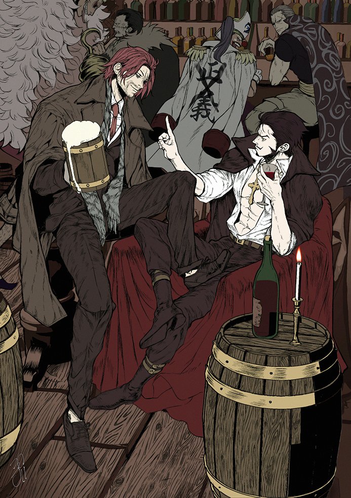 6+boys bar_(place) barrel beard_stubble benn_beckman black_cape black_coat black_hair black_shirt blonde_hair blue_hair bottle brown_jacket buggy_the_clown candle cape coat coat_on_shoulders crocodile_(one_piece) cross cross_necklace deadjuice donquixote_doflamingo dracule_mihawk epaulettes facial_hair feather_coat goatee hair_slicked_back hat hook_hand jacket jacket_on_shoulders jewelry long_hair looking_at_another male_focus medium_hair multiple_boys muscular muscular_male mustache mustache_stubble necklace on_chair one_piece open_clothes open_mouth open_shirt pink_coat pirate_hat ponytail red_hair scar scar_on_face shanks_(one_piece) shirt short_hair sitting smile standing stitches stubble sunglasses teeth tongue tongue_out upper_teeth_only white_coat white_hair white_shirt wine_bottle wooden_floor