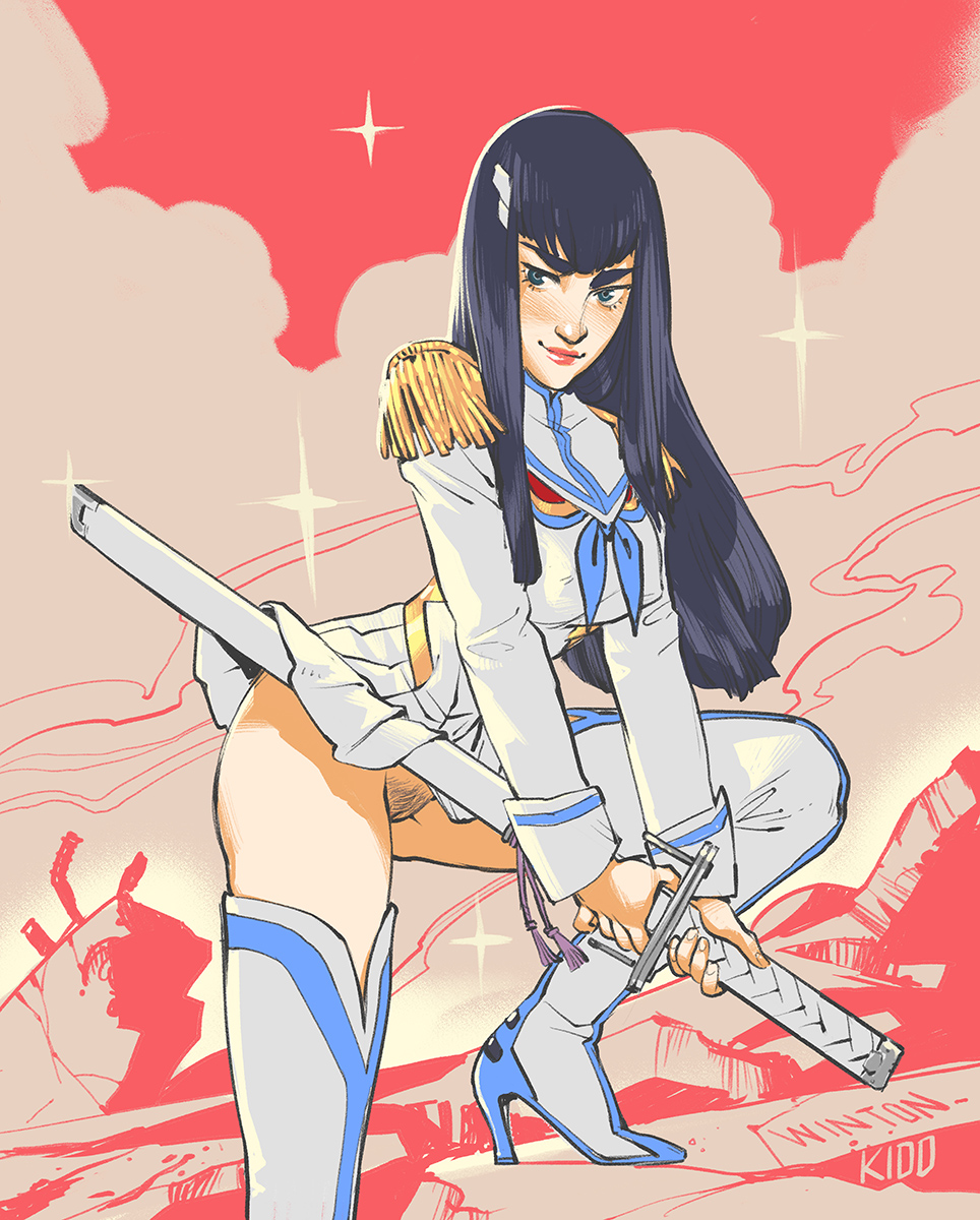 1girl artist_name ass black_hair blue_eyes blue_necktie blunt_bangs blush boots breasts commentary english_commentary epaulettes female_pubic_hair gloves groin_tendon high_heel_boots high_heels highres holding holding_sword holding_weapon junketsu katana kill_la_kill kiryuuin_satsuki lips long_hair long_sleeves looking_at_viewer miniskirt necktie no_panties pinup_(style) pleated_skirt pubic_hair school_uniform serafuku sidelocks signature skirt smile solo sword thick_eyebrows thigh_boots thighhighs thighs very_long_hair weapon white_footwear white_gloves white_serafuku white_skirt winton_kidd