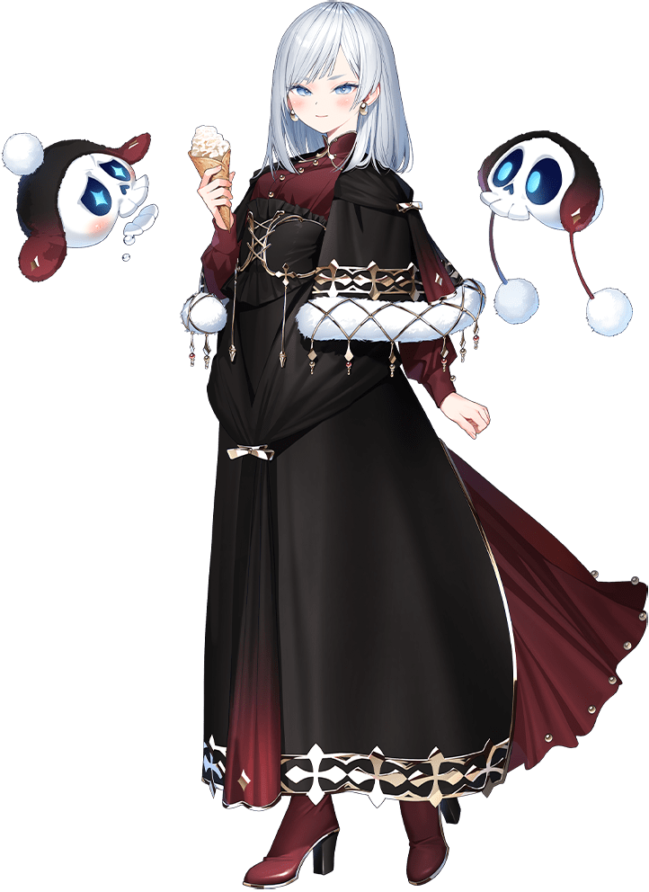 1girl akershus_fortress_(oshiro_project) black_capelet black_dress blue_eyes blush boots capelet dress earrings floating_skull food full_body fur-trimmed_capelet fur_trim grey_hair hand_up holding holding_food holding_ice_cream holding_ice_cream_cone ice_cream ice_cream_cone jewelry long_sleeves looking_at_viewer official_art oshiro_project:re red_dress red_footwear simple_background solo swept_bangs waffle_cone white_background