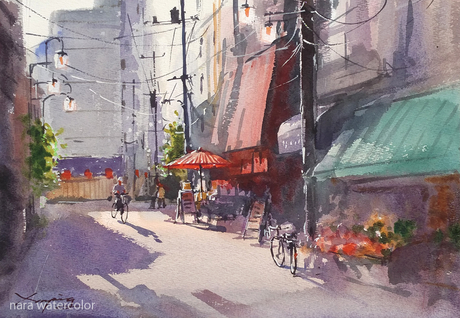 bicycle building day folding folding_sign lamppost nara_watercolor original painting_(medium) power_lines riding riding_bicycle road scenery shadow shopping_district street sunlight traditional_media tree umbrella_stand utility_pole watercolor_(medium)