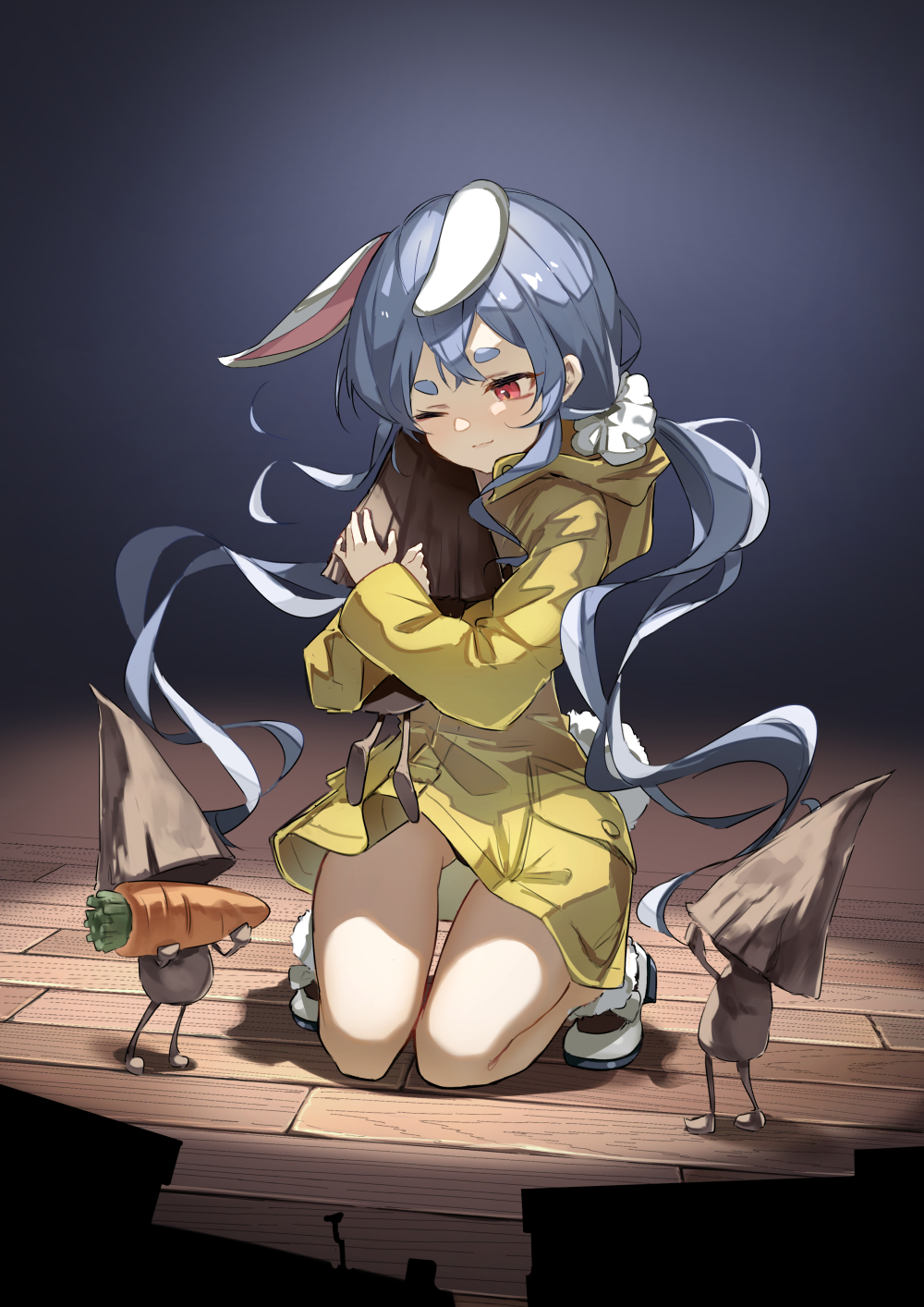 1girl animal_ears bad_id bad_pixiv_id blue_background blue_hair brat_(brabrabrat00) carrot character_request closed_mouth commentary_request cosplay full_body gradient_background highres hololive hood hoodie hug indoors little_nightmares long_hair long_sleeves looking_at_another looking_down one_eye_closed orange_eyes rabbit_ears raincoat six_(little_nightmares) six_(little_nightmares)_(cosplay) smile squatting stage thick_eyebrows twintails usada_pekora virtual_youtuber white_footwear yellow_hoodie yellow_raincoat