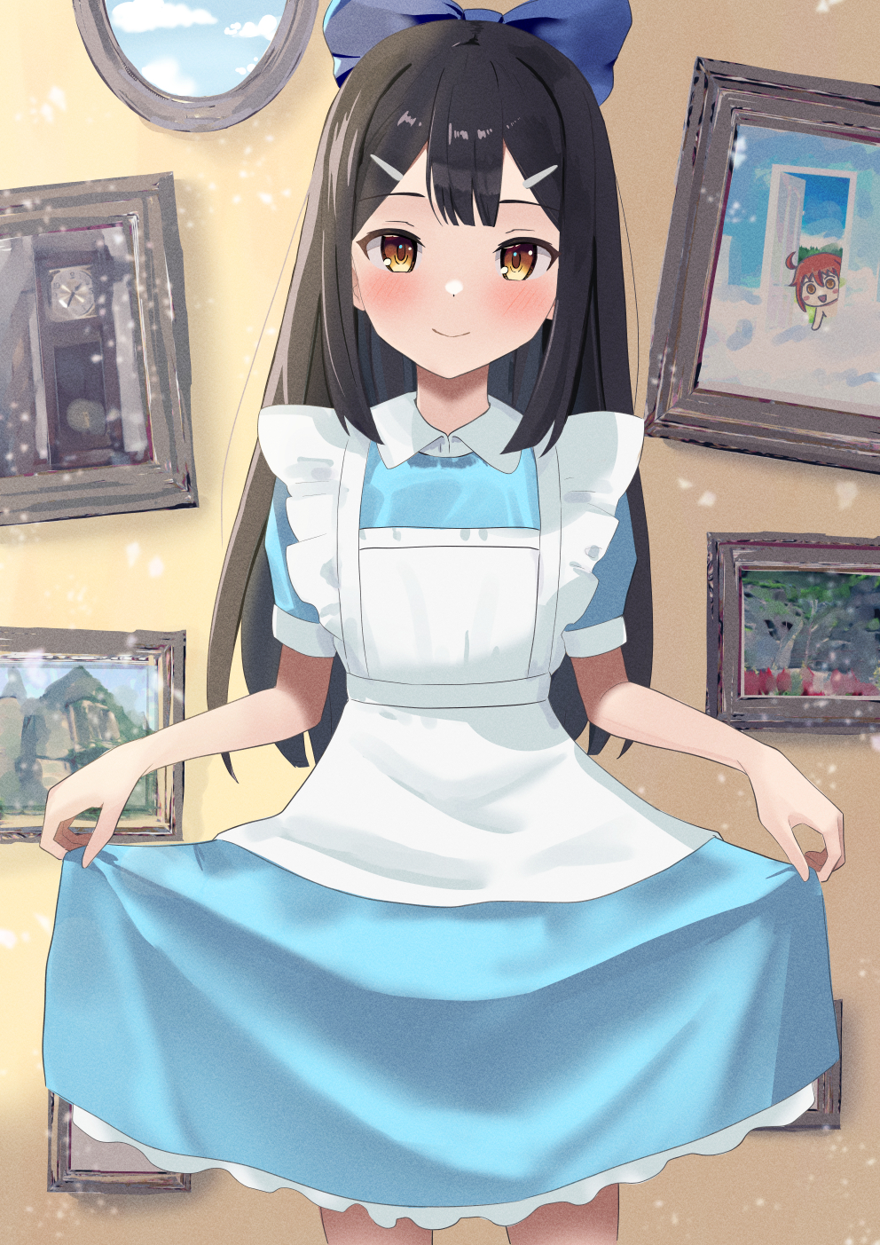 1girl alice_(alice_in_wonderland) alice_(alice_in_wonderland)_(cosplay) alice_in_wonderland black_hair blush breasts brown_eyes cosplay fate/grand_order fate/kaleid_liner_prisma_illya fate_(series) hair_ornament hairclip highres long_hair looking_at_viewer miyu_edelfelt pan_korokorosuke small_breasts smile solo