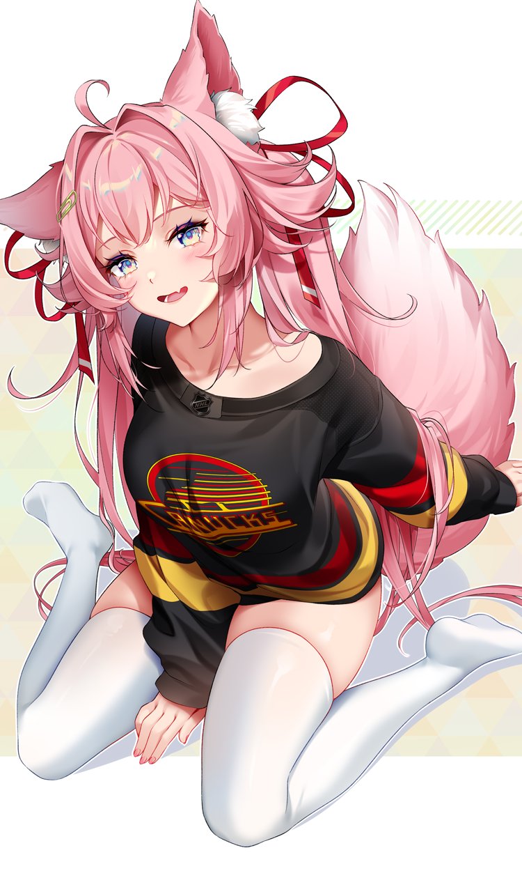 1girl ahoge animal_ears between_legs black_shirt commentary commission fang fox_ears fox_girl fox_tail hair_intakes hair_ribbon hand_between_legs highres long_sleeves looking_at_viewer multicolored_eyes open_mouth original pink_hair pink_tail print_shirt puffy_long_sleeves puffy_sleeves red_ribbon ribbon rimuu shirt skin_fang skindentation soles solo tail thick_thighs thighhighs thighs twintails white_thighhighs