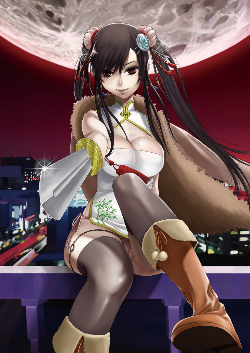 1girl black_hair breasts china_dress chinese_clothes cleavage dress female_focus flower foreshortening hair_flower hair_ornament highres jian_(weapon) original panties red_eyes sawaragi side-tie_panties sitting solo sword thighhighs twintails underwear weapon wind