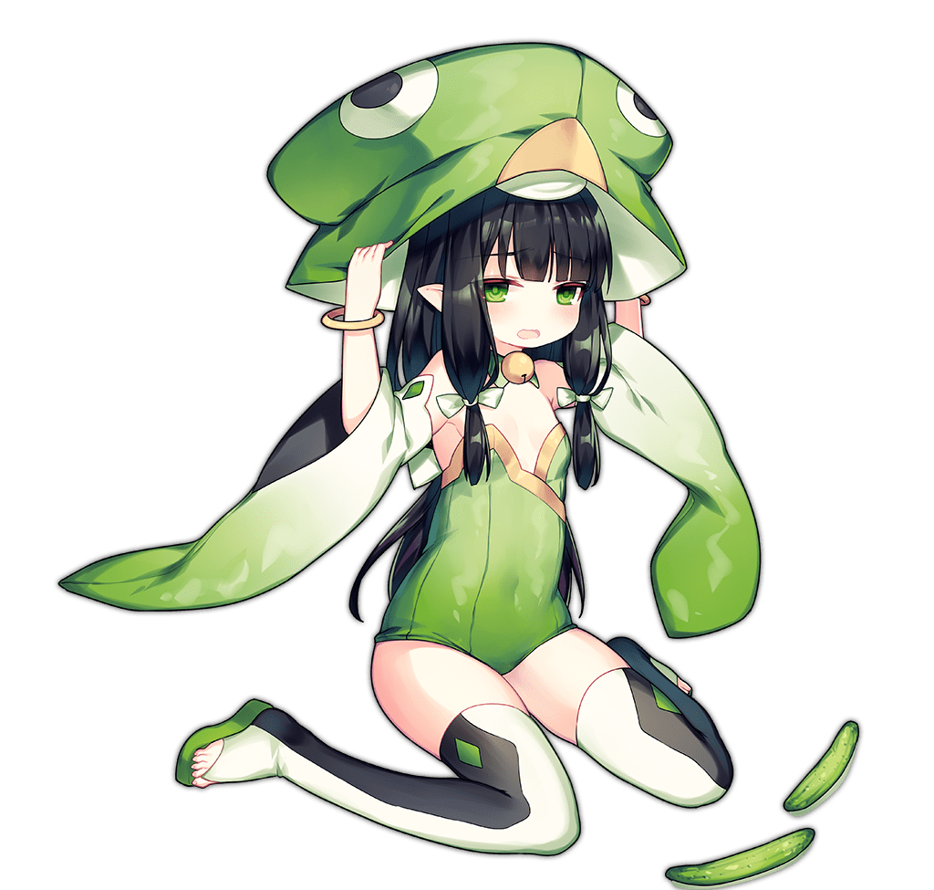 1girl ao_jun ark_order bell black_hair black_thighhighs bow bridal_legwear cucumber flat_chest full_body green_eyes green_footwear green_hat green_leotard hands_on_headwear hat hat_bell jingle_bell kappa_(ark_order) leotard long_hair looking_at_viewer neck_bell official_art open_mouth pointy_ears sandals sidelocks sitting solo tachi-e thighhighs toeless_footwear transparent_background two-tone_legwear wariza water wavy_mouth white_thighhighs wide_sleeves