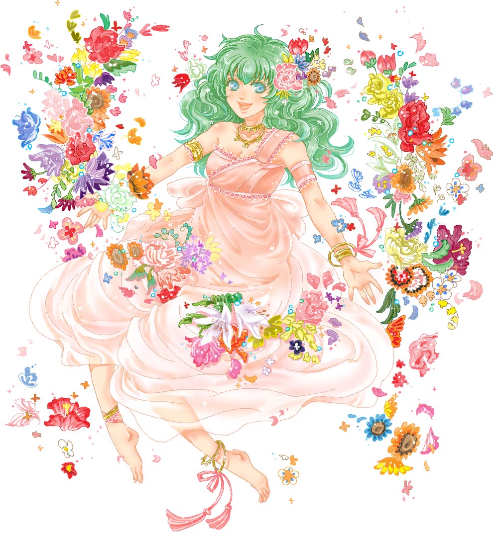 1girl anklet aqua_eyes armlet barefoot bracelet dress flower green_hair hair_flower hair_ornament jewelry kinokokinoko6 lakshu necklace petals smile tassel tenkuu_senki_shurato