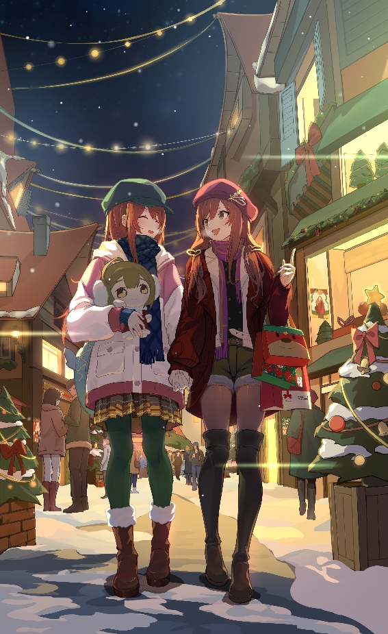 ^_^ bag beret black_scarf blush boots breath brown_hair character_doll christmas closed_eyes colored_sclera commentary_request doll fumo_(doll) hat holding holding_doll holding_hands hood hooded_jacket idolmaster idolmaster_shiny_colors jacket khorosho kuwayama_chiyuki night night_sky osaki_amana osaki_tenka outdoors peaked_cap people pink_scarf scarf shopping_bag siblings sisters sky smile snow thigh_boots twins walking white_jacket