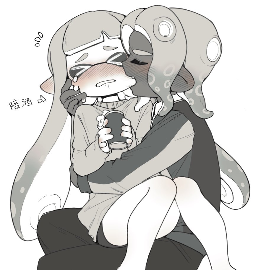 &gt;_&lt; 1boy 1girl biting biting_cheek blush can closed_eyes dark-skinned_male dark_skin fang flying_sweatdrops greyscale hetero holding holding_can inkling inkling_girl inkling_player_character long_hair long_sleeves monochrome nintendo nose_blush octoling octoling_boy octoling_player_character pants salted_whale shorts simple_background sitting sitting_on_lap sitting_on_person splatoon_(series) sweater tears tentacle_hair twintails