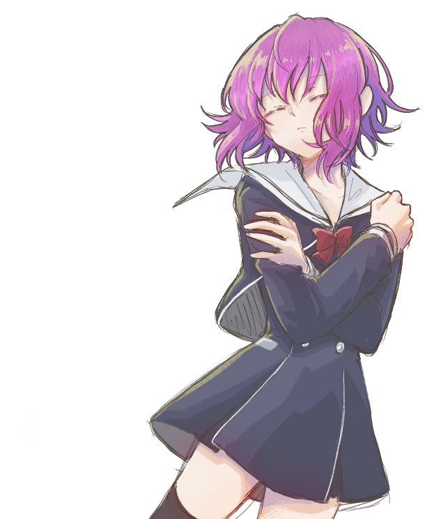 1girl 70lio arm_up black_dress black_jacket blue_background blush border buttons chaos;child closed_mouth commentary_request cropped_jacket double-breasted dress hair_between_eyes hair_flaps jacket long_sleeves looking_at_viewer md5_mismatch non-web_source onoe_serika outside_border purple_eyes purple_hair sailor_collar school_uniform short_hair sidelocks simple_background smile solo split_mouth star_(symbol) white_border white_sailor_collar