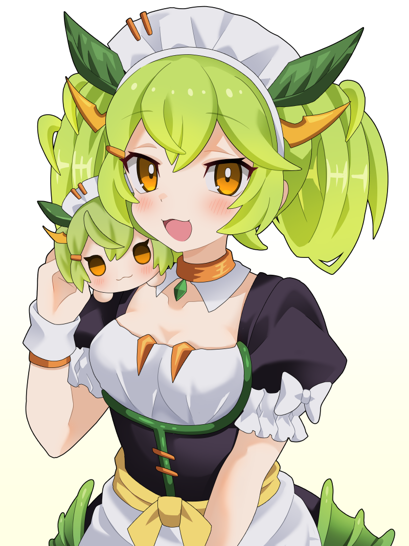 1girl apron blush bow bowtie breasts cleavage collarbone detached_collar dragon_girl dragon_horns duel_monster frilled_sleeves frills green_hair hair_between_eyes hair_ornament horns kura_(xxcracy) large_breasts leaf_hair_ornament maid maid_apron maid_headdress open_mouth orange_eyes parlor_dragonmaid short_sleeves simple_background smile stuffed_toy twintails white_background wrist_cuffs yu-gi-oh!