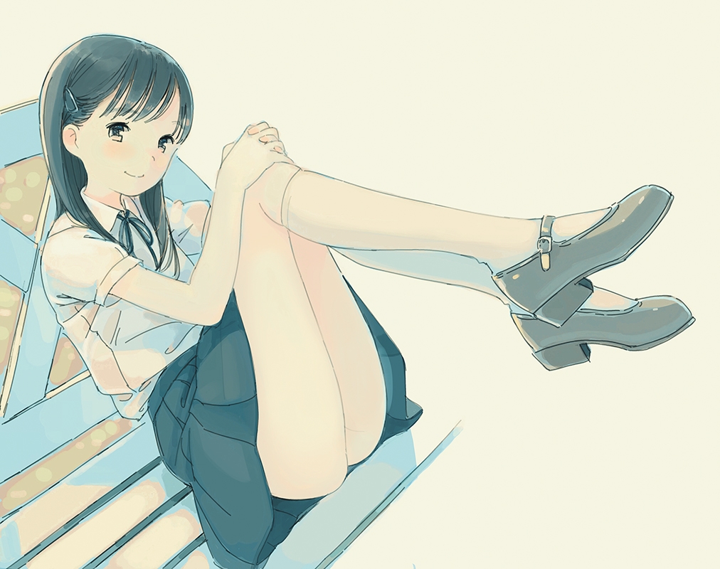 1girl ass black_hair black_skirt female_focus grey_footwear hair_ornament hairclip high_heels kneehighs kokudou_juunigou legs_up mary_janes original see-through_clothes shirt shoes skirt smile socks solo thighs white_shirt white_socks