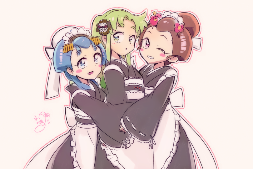 3girls alternate_costume aqua_eyes aqua_hair bad_id bad_pixiv_id blush blush_stickers brown_eyes brown_hair ganbare_goemon green_eyes green_hair grin hair_ornament hug hug_from_behind japanese_clothes kimono kojima long_hair maid maid_headdress multiple_girls omitsu_(ganbare_goemon) one_eye_closed open_mouth outline princess princess_yuki ribbon short_hair smile very_long_hair white_background yae_(ganbare_goemon) yuri