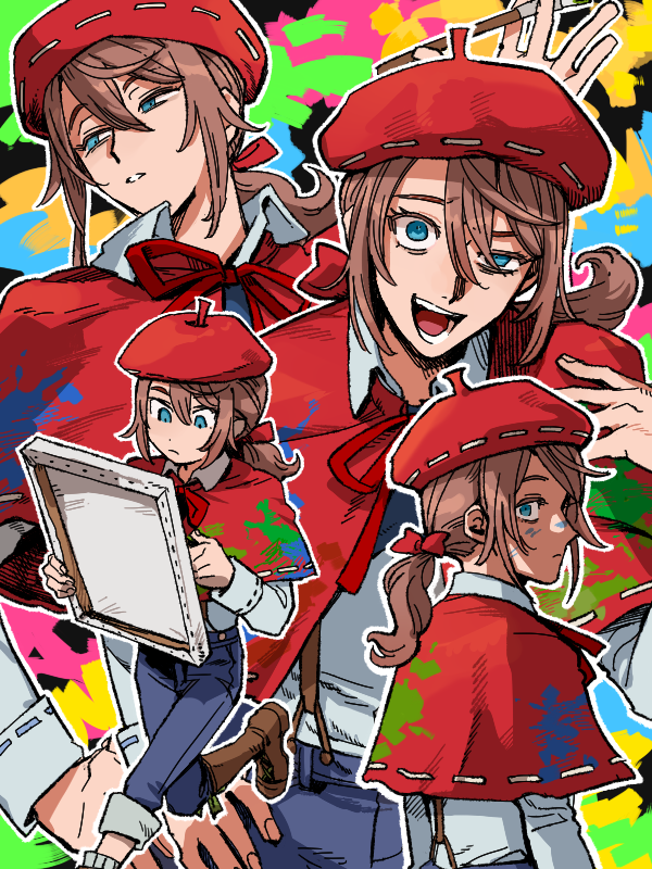 1boy beret blue_eyes blue_pants boots bow brown_footwear brown_hair canvas_(object) capelet collared_shirt edgar_valden full_body hair_bow hat holding holding_paintbrush identity_v long_hair low_ponytail male_focus michiru_(amphibian) multiple_views paint_stains paintbrush pants parted_lips red_bow red_capelet red_hat shirt smile suspenders white_shirt