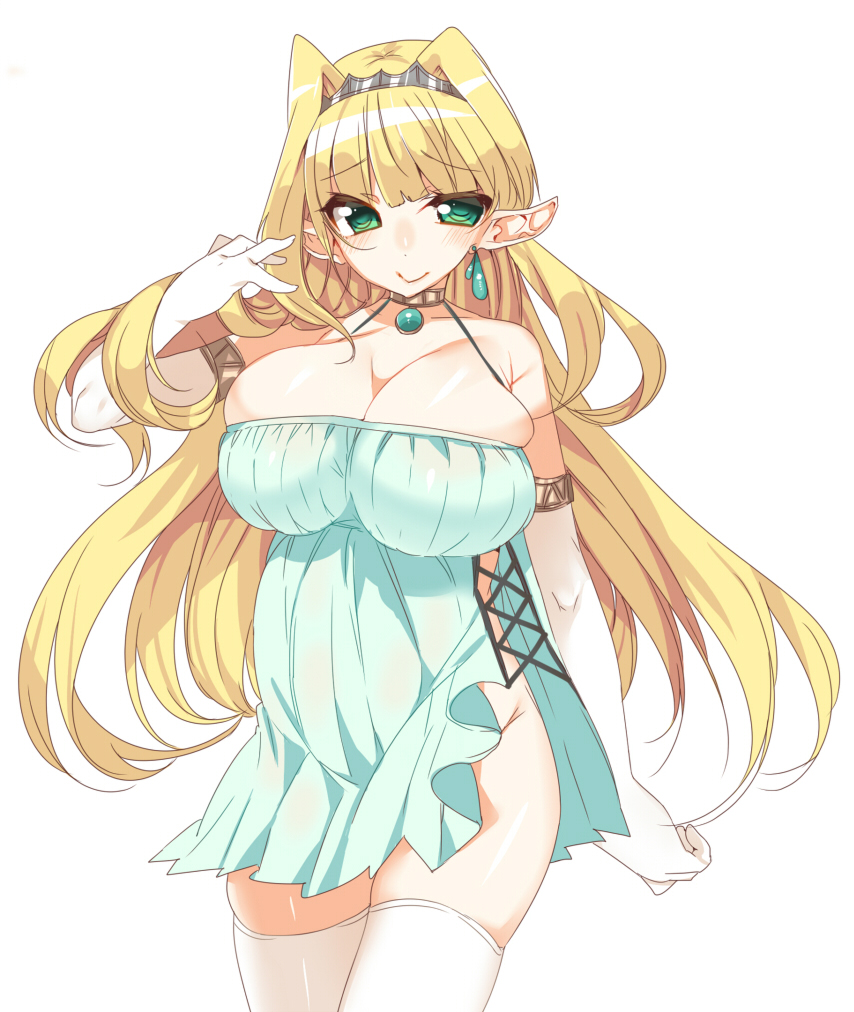 1girl bare_shoulders blonde_hair blush breasts choker cleavage dress earrings elbow_gloves elf female_focus gloves green_eyes hair_intakes hair_ornament huge_breasts jewelry long_hair looking_at_viewer nakahashi_mizuki no_panties original pointy_ears simple_background skirt smile solo standing thighhighs white_background white_gloves white_thighhighs