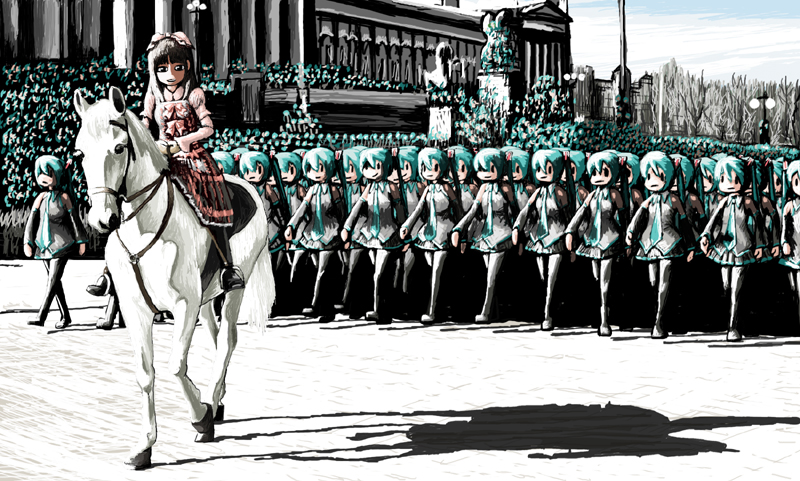 6+girls building commentary_request dress hatsune_miku horse monument multiple_girls parade real_life rxjx voice_actor shadow statue uesaka_sumire vocaloid white_horse