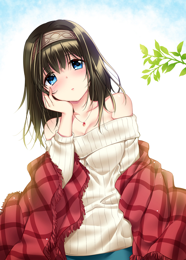 1girl bare_shoulders blue_eyes blush breasts cleavage commentary_request female_focus hand_on_own_cheek hand_on_own_face head_tilt idolmaster idolmaster_cinderella_girls jewelry large_breasts looking_at_viewer medium_hair necklace off-shoulder off-shoulder_sweater off_shoulder p.kibi ribbed_sweater sagisawa_fumika shawl solo sweater