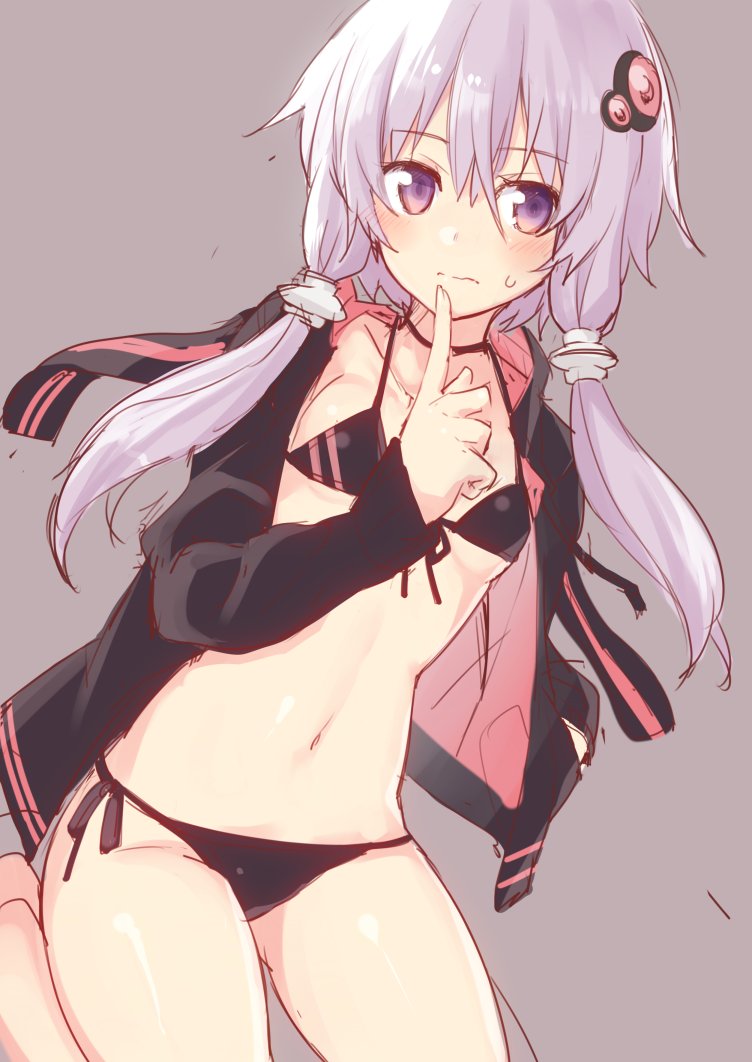 1girl bare_legs barefoot bikini black_bikini black_ribbon blush breasts collarbone eyebrows female_focus finger_to_mouth frown hair_between_eyes hair_ornament hairpin hand_in_pocket hiraga_matsuri hirasato hood hood_down hoodie index_finger_raised kneeling looking_at_viewer low_twintails navel open_clothes open_hoodie purple_eyes purple_hair ribbon short_hair_with_long_locks side-tie_bikini_bottom simple_background sketch small_breasts solo stomach swimsuit tareme twintails vocaloid voiceroid wavy_mouth yuzuki_yukari