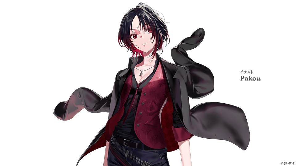 artist_name belt black_belt black_hair black_pants breasts cleavage jacket jewelry kisaragi_ren_(vtuber) long_sleeves looking_at_viewer necklace official_art open_clothes open_jacket pako_(pakosun) pants parted_lips shirt short_hair simple_background sleeves_rolled_up solo standing virtual_youtuber vspo! white_background