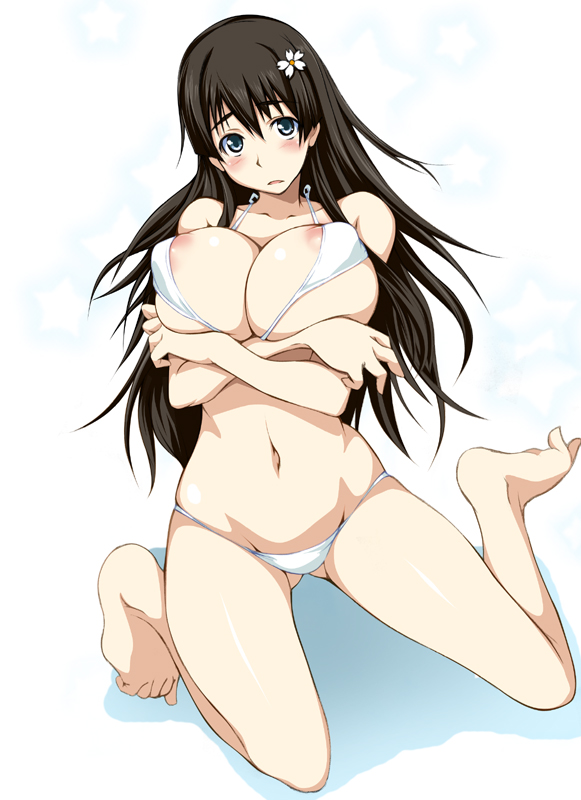 1girl alternate_breast_size areola_slip bad_id bad_pixiv_id bare_shoulders barefoot bikini black_hair blush breast_hold breasts cleavage collarbone covered_erect_nipples female_focus flower full_body gengoroh gluteal_fold green_eyes groin hair_between_eyes hair_flower hair_ornament kneeling large_breasts long_hair looking_at_viewer navel puffy_nipples saten_ruiko solo stomach swimsuit toaru_kagaku_no_railgun toaru_majutsu_no_index white_bikini