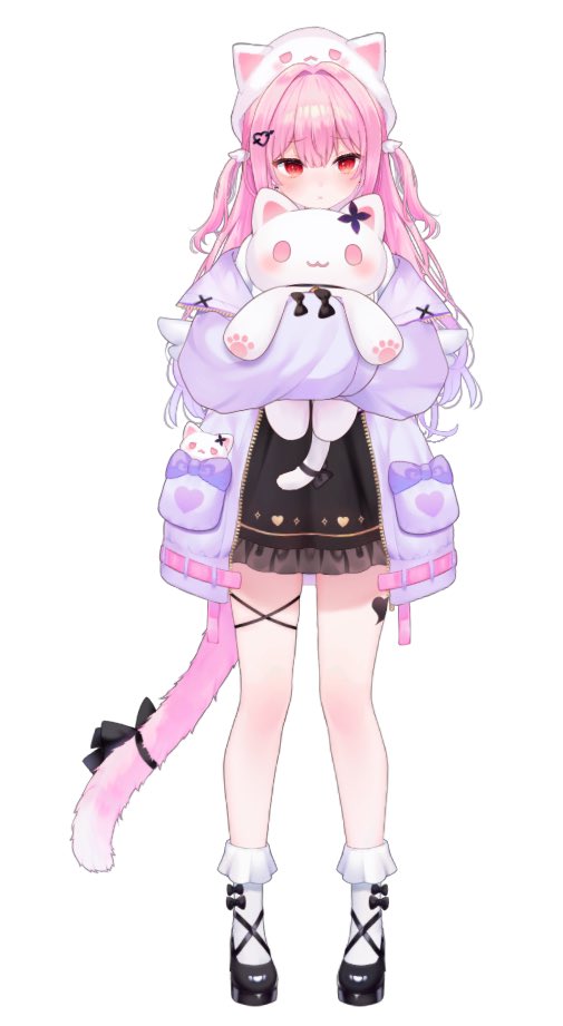 1girl animal_hat arm_bow black_bow black_ribbon black_skirt blush bow bow_legwear cat_hat cat_tail closed_mouth hair_ornament hat heart heart_hair_ornament heart_tattoo holding holding_stuffed_toy indie_virtual_youtuber jacket leg_tattoo long_hair long_sleeves mary_janes mikeneko_(vtuber) mikeneko_(vtuber)_(5th_costume) official_art open_clothes open_jacket pink_eyes pink_hair pink_jacket pink_tail pocket purple_bow ribbon rucaco second-party_source shoes simple_background skirt sleeves_past_fingers sleeves_past_wrists socks solo stuffed_animal stuffed_cat stuffed_toy tail tail_ornament tail_ribbon tattoo thigh_strap thighs two_side_up virtual_youtuber white_background white_hat white_socks