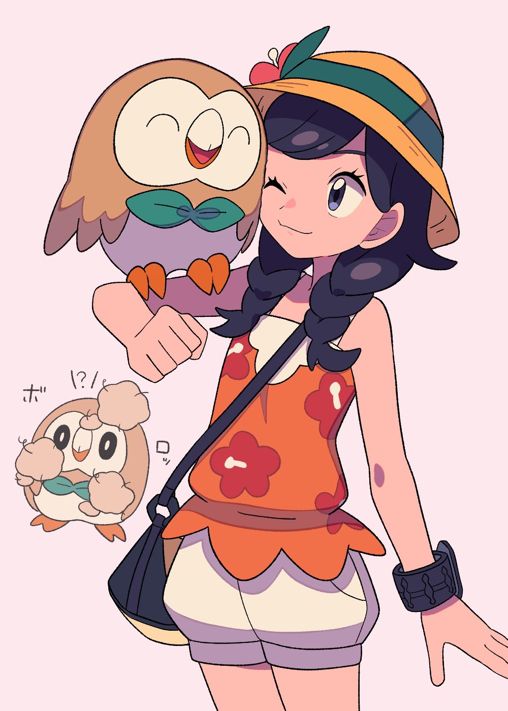 1girl ;) bag bare_shoulders black_eyes black_hair braid brown_hat closed_mouth creatures_(company) eyelashes game_freak gen_7_pokemon hat highres looking_at_another nintendo one_eye_closed orange_shirt pokemon pokemon_(creature) pokemon_on_arm pokemon_usum rowlet selene_(pokemon) shirt shorts shoulder_bag sleeveless sleeveless_shirt smile twin_braids tyako_089 white_shorts