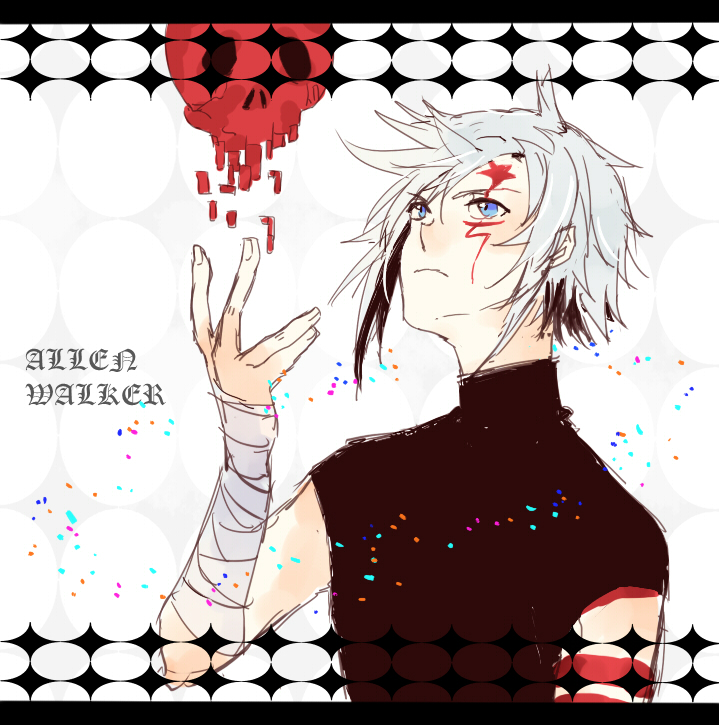 1boy allen_walker bandaged_arm bandages black_shirt blue_eyes body_markings d.gray-man disintegration facial_mark hand_up kiinoer looking_up shirt short_hair sidelocks skull solo star_(symbol) star_facial_mark turtleneck turtleneck_shirt white_hair