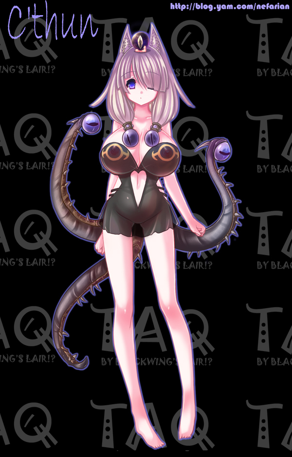 1girl animal_ears bad_feet barefoot breasts c&#039;thun female_focus hair_over_one_eye huge_breasts legs monster_girl narrow_waist nefarian personification purple_eyes solo tentacles warcraft white_hair world_of_warcraft