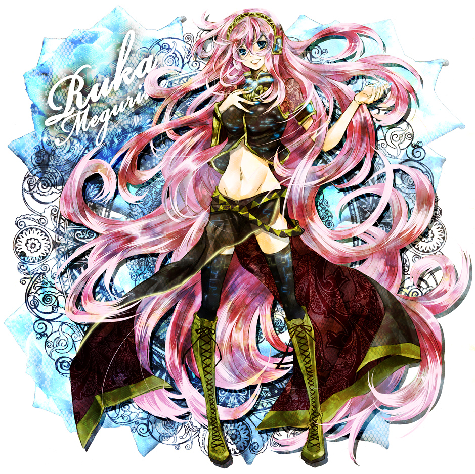 1girl bad_id bad_pixiv_id blue_eyes boots female_focus groin headphones long_hair megurine_luka midriff navel pink_hair smile solo ta_eiko taeko_(tao) thighhighs very_long_hair vocaloid