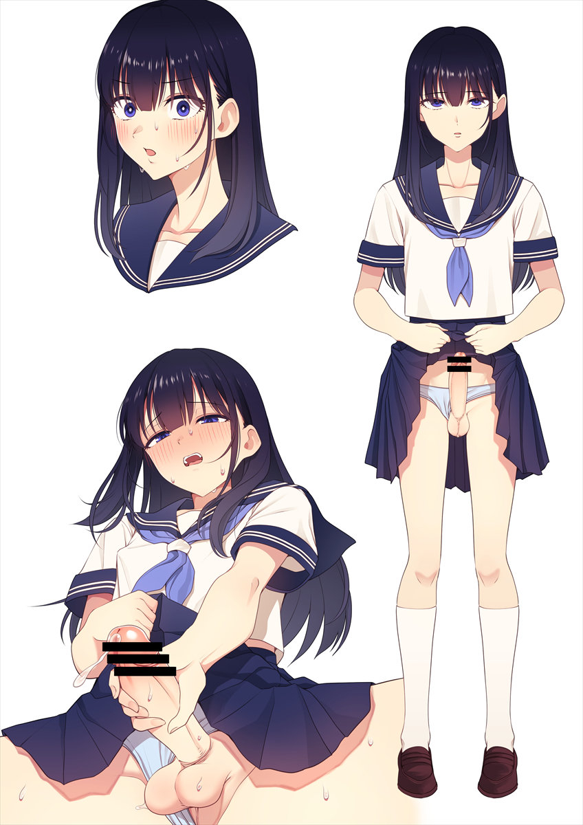 1boy bar_censor black_hair blue_eyes blue_neckerchief blue_panties blue_sailor_collar blue_skirt blush brown_footwear censored clothes_lift clothing_aside collarbone crossdressing erection heart heartbeat highres hokuro_ryuuseigun kneehighs lifting_own_clothes loafers long_hair looking_at_viewer male_focus male_masturbation masturbation neckerchief open_mouth original panties panties_aside penis pleated_skirt precum reverse_grip sailor_collar school_uniform serafuku shirt shoes short_sleeves simple_background skirt skirt_lift socks sound_effects standing sweat testicles textless_version trap underwear white_background white_shirt white_socks