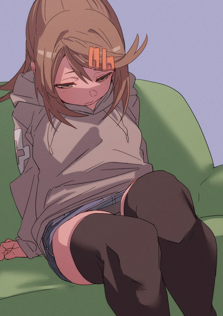 1girl black_panties black_thighhighs brown_eyes brown_hair denim denim_skirt fu-ta hair_ornament hairclip hood hoodie long_hair original panties pantyshot ponytail sitting skirt solo thighhighs underwear usami_taiga