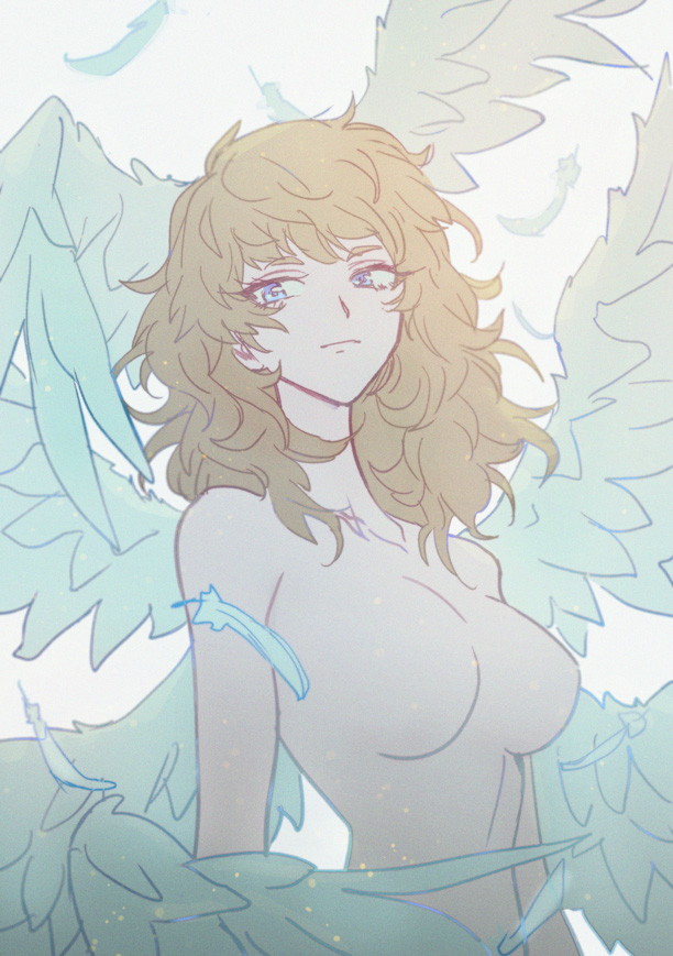 akiyama_enma androgynous angel_wings asuka_ryou blonde_hair blue_eyes breasts devilman devilman_crybaby feathers gender_request head_wings long_hair medium_breasts no_nipples nude simple_background solo spoilers upper_body white_background wings