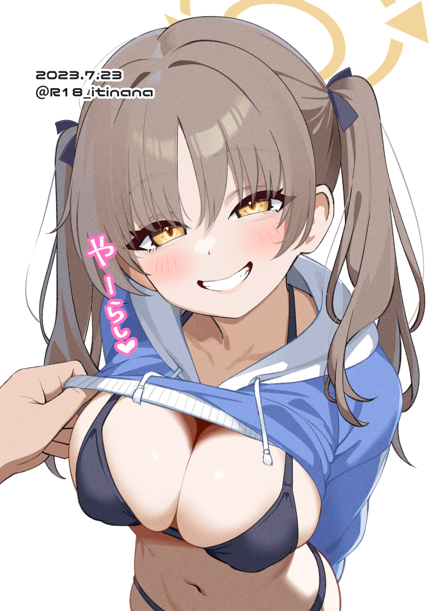 1boy 1girl arms_behind_back bikini black_bikini blue_archive blue_hoodie blush brown_hair collarbone dated halo highres hood hoodie moe_(blue_archive) moe_(swimsuit)_(blue_archive) mokyutan navel pov sensei_(blue_archive) smile solo_focus swimsuit teeth twintails twitter_username white_background yellow_eyes yellow_halo