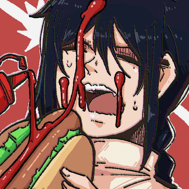 1girl black_hair braid chainsaw_man food hot_dog hot_dog_bun ketchup ketchup_bottle lettuce mark_gavatino nayuta_(chainsaw_man) open_mouth sausage sexually_suggestive single_braid solo sweat teeth upper_teeth_only