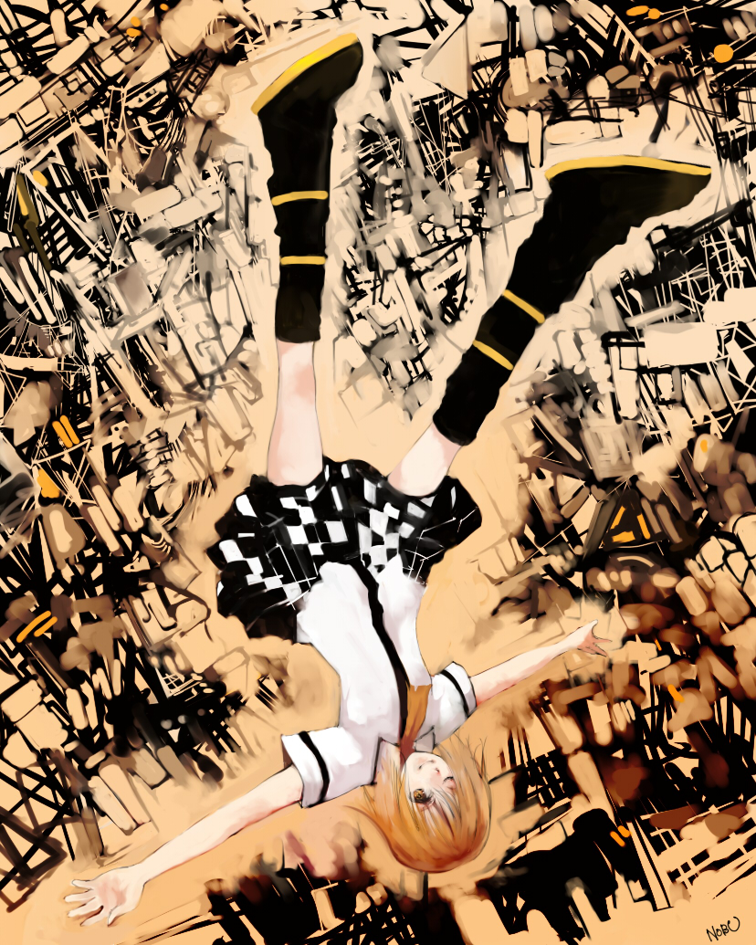 1girl bad_id bad_pixiv_id blonde_hair falling female_focus kagamine_rin nobusnow outstretched_arms solo spread_arms tiger_rampage_(vocaloid) upside-down vocaloid