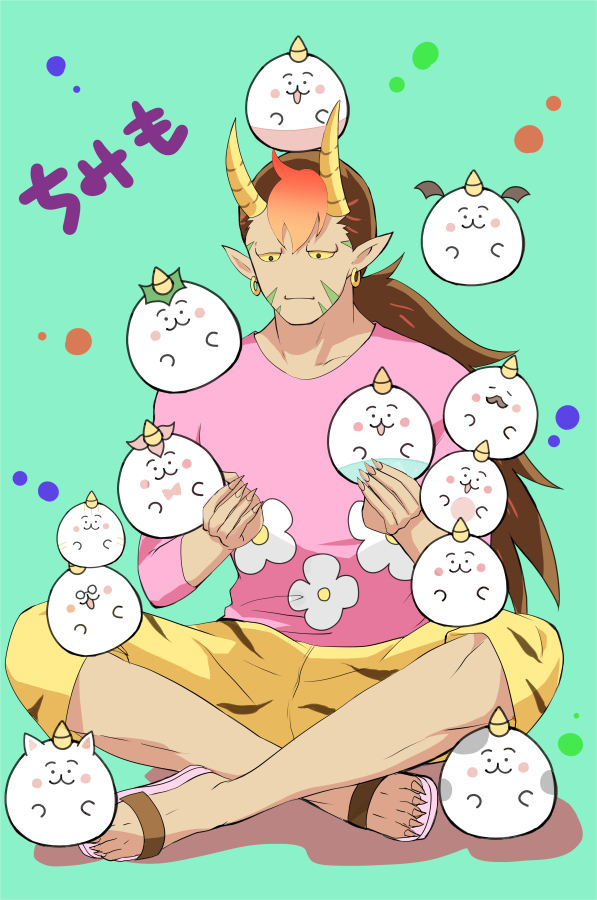 1boy :d black_eyes brown_hair chimimo chimimo_(character) colored_sclera crossed_ankles dark-skinned_male dark_skin earrings facial_hair floral_print full_body green_background horns jewelry jigoku-san long_hair male_focus mustache open_mouth pink_shirt pointy_ears red_hair ryoushi shirt shorts sitting smile very_long_hair yellow_sclera yellow_shorts