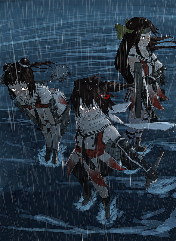 3girls black_gloves black_hair brown_eyes closed_mouth crossed_arms double_bun forehead_protector gloves grin hair_bun hair_ornament headband holding holding_torpedo jintsuu_(kancolle) jintsuu_kai_ni_(kancolle) kantai_collection leaning_forward long_hair multiple_girls naka_(kancolle) naka_kai_ni_(kancolle) neckerchief night ocean outdoors rain rigging sailor_collar scarf sendai_(kancolle) sendai_kai_ni_(kancolle) sleeveless smile standing thighhighs torpedo water wet white_gloves white_sailor_collar white_scarf white_thighhighs yue_(tada_no_saboten)