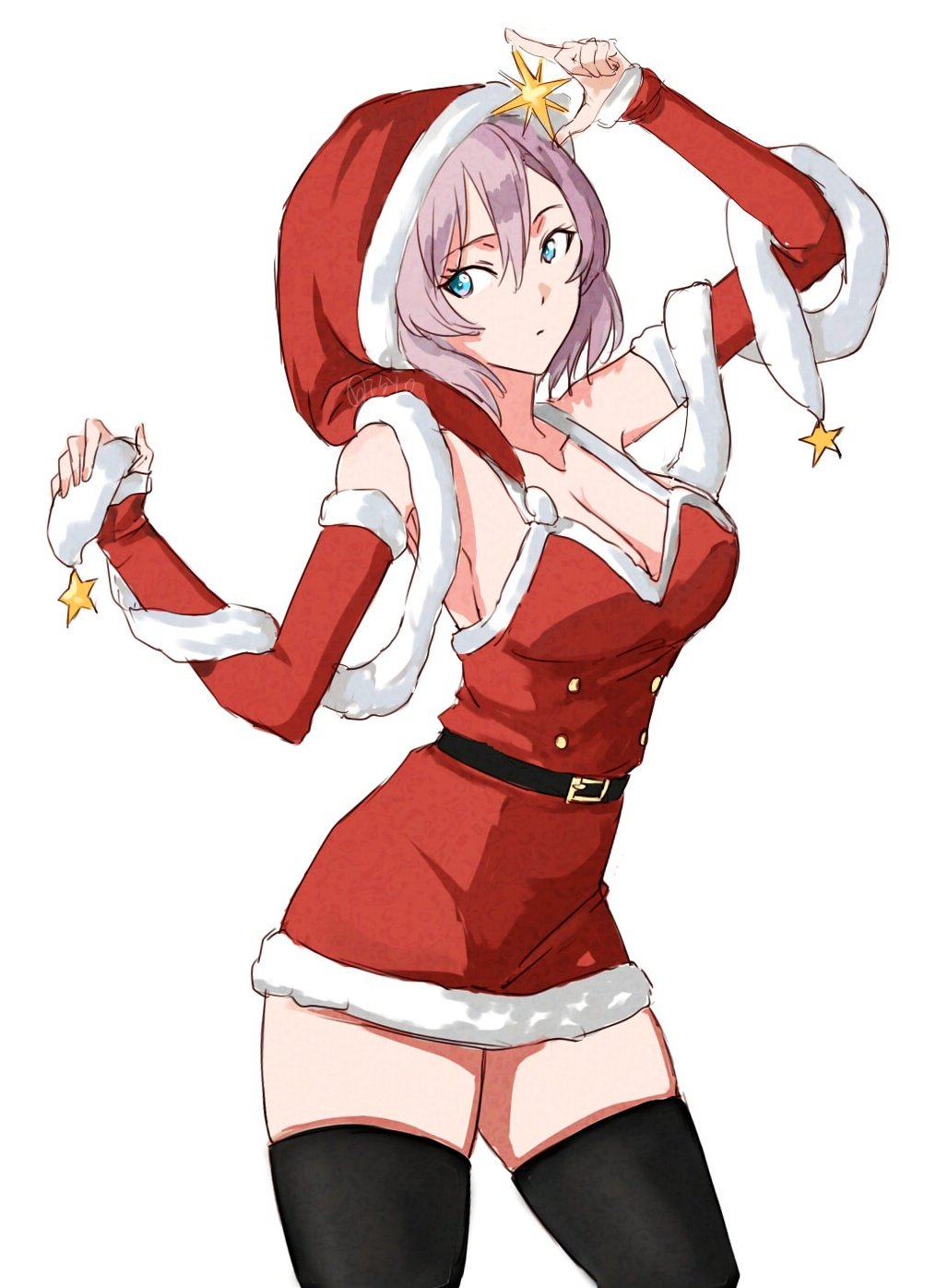 1girl bare_shoulders blue_eyes breasts christmas cleavage dress fur-trimmed_dress fur-trimmed_headwear fur_trim gloves grey_hair gridman_universe hat highres large_breasts mujina red_dress red_hat risyo santa_costume santa_dress santa_hat short_hair simple_background solo ssss.dynazenon thighhighs thighs