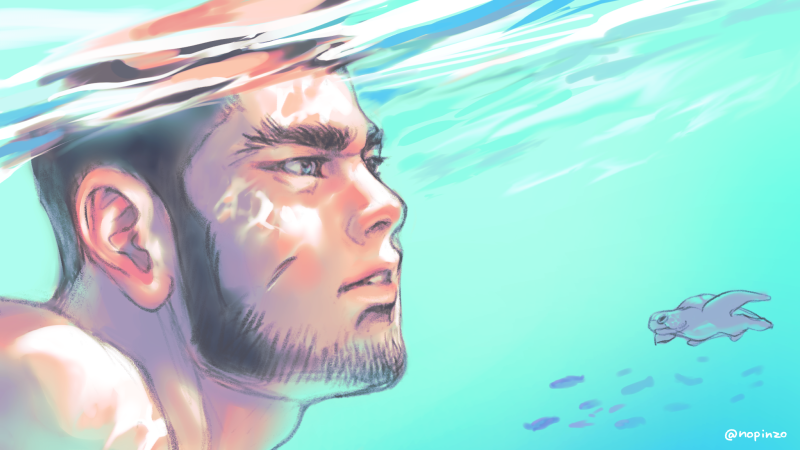 1boy bara beard black_hair buzz_cut close-up dappled_sunlight facial_hair fish goatee_stubble golden_kamuy hairy long_sideburns looking_ahead male_focus mature_male nopinzo nude parted_lips short_hair sideburns solo stubble sunlight swimming tanigaki_genjirou thick_eyebrows underwater very_short_hair