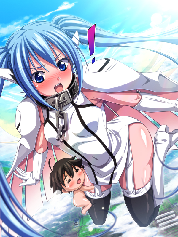 blue_eyes blue_hair blush boots cape chain chozuru collar fairy_wings flying gloves mini_person miniboy no_panties nymph_(sora_no_otoshimono) open_mouth sakurai_tomoki sora_no_otoshimono surprised thighhighs twintails wings